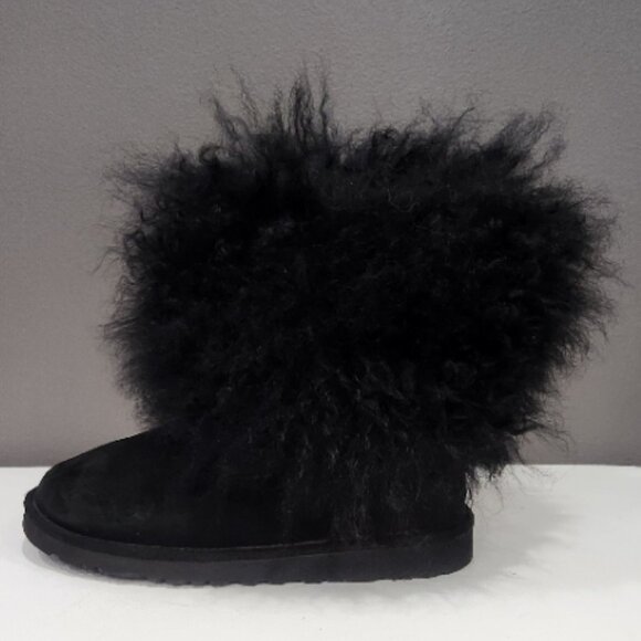 💥STUNNING💥VTG UGG S/N 1875 Mongolian Curly Lamb Fur & Suede Boots Black - Picture 10 of 14